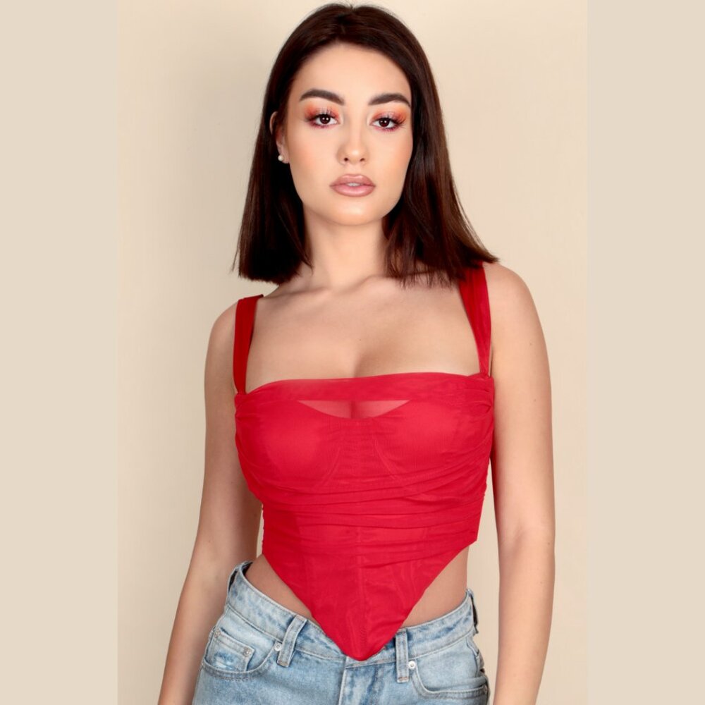 Red Sheer & Satin Bustier Corset Crop Top